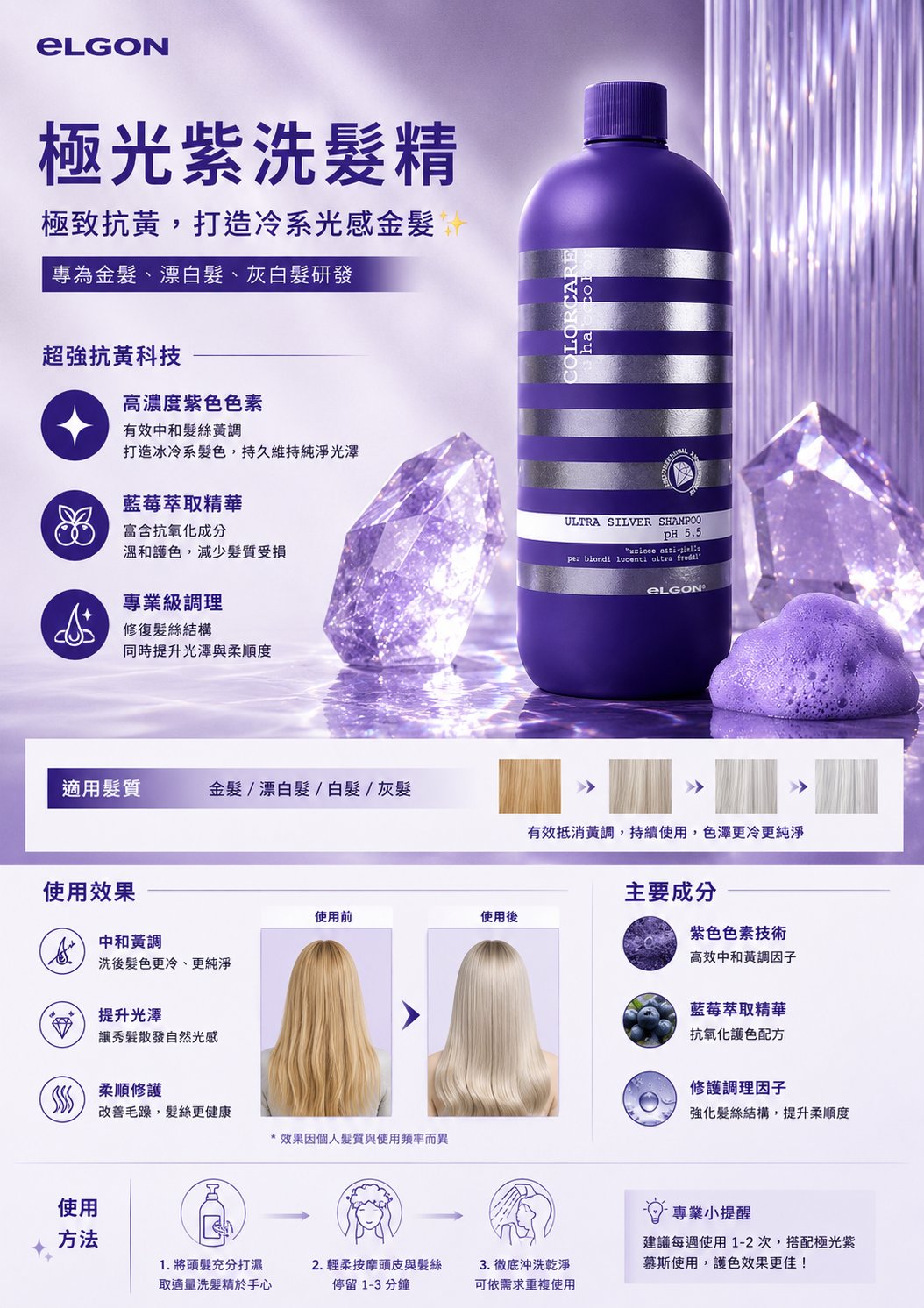 eLGON-極光紫洗髮精—極致抗黃，打造冷系光感金髮 ✨